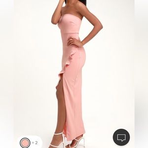 blush pink strapless ruffled maxi dress